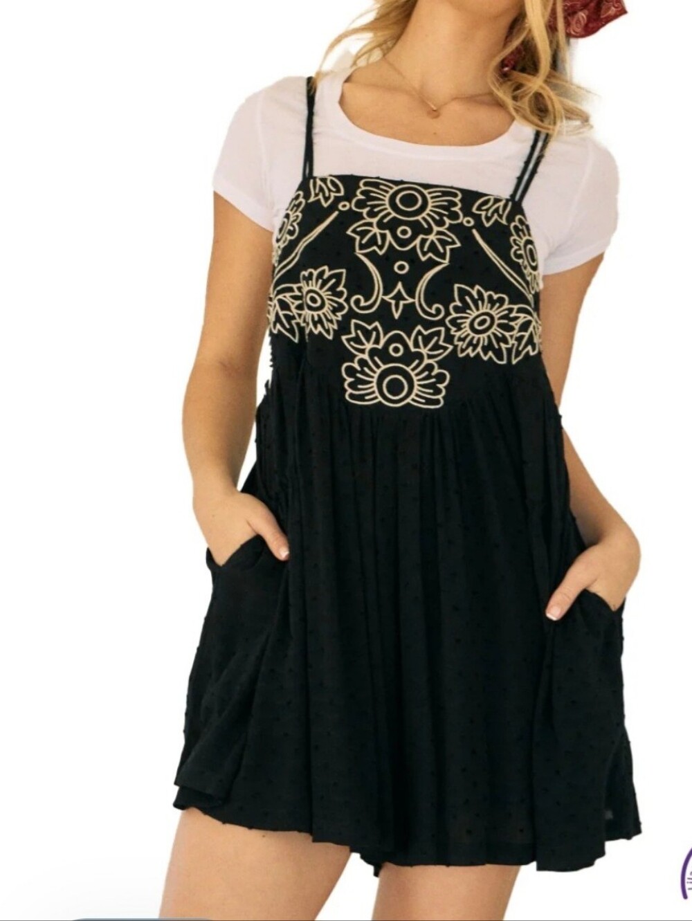 Black Floral Embroidered Swing Romper